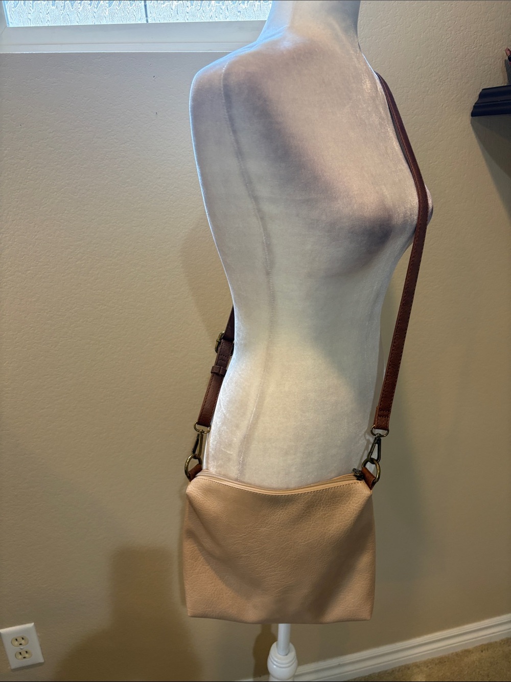 Neutral Beige Pebbled Faux Leather Crossbody with Brown Strap
